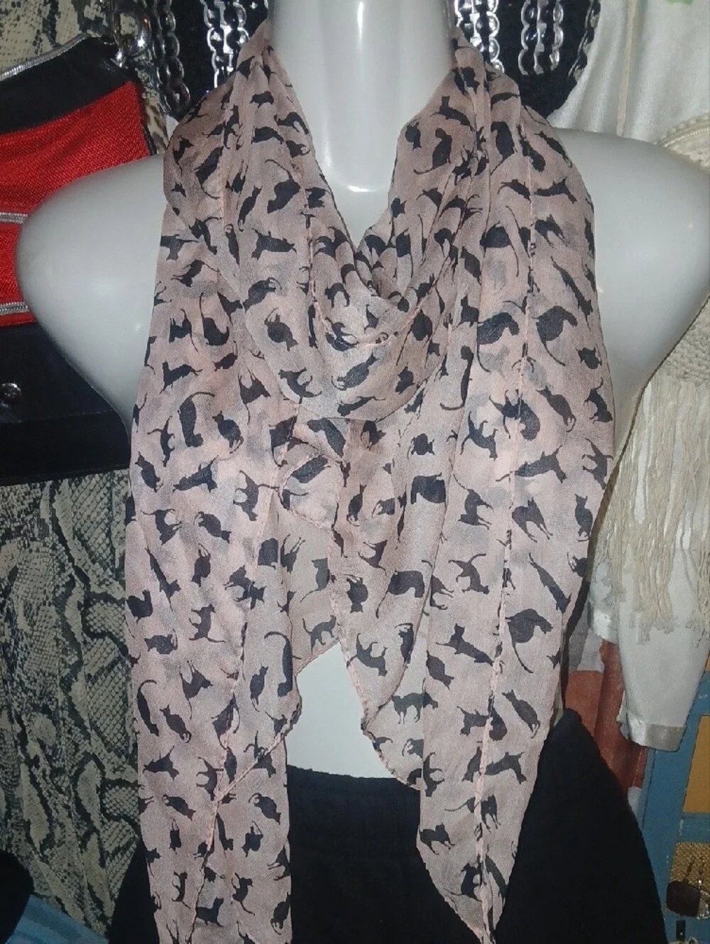 Black Kitty Cat Print Light Pink Scarf